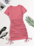 Sexy Mini Bodycon Dress - Crew Neck, Mid-Elastic Polyester, Ruched Detail, Fake Drawstring, Solid Color, Party Perfect for Women - All Seasons, Middle East Style