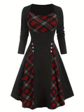 Plus Size Retro Dress, Women's Plus Colorblock Plaid Print Button Decor Long Sleeve Square Neck A-line Dress