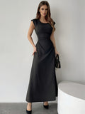 Elegant Peplum Maxi Dress for Women - Polyester Blend, Crew Neck, Solid Color, Sleeveless, Woven Summer Dress