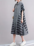 Zjkrl  -  Plus Size Casual Chic Loungewear Dress - Soft Patchwork Plaid Print, Button Up, Short Sleeve, Relaxed Fit, Comfortable Nightdress for Women