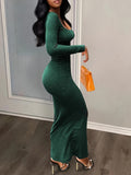 Zjkrl  -  Squared Neck Solid Maxi Dress, Casual Long Sleeve Bodycon Dress, Women's Clothing