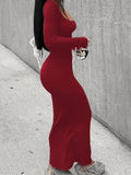 Long Sleeve Solid Casual Maxi Dress, Simple Scoop Neck Dress for Women