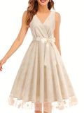 Stunning Floral Embroidered A-Line Tank Dress - Elegant Surplice Neck Sleeveless Party Dress for Women - Perfect for Banquet, Wedding, and Formal Occasions with Tie Waist Detail
