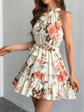 Floral Print Ruffle Hem Dress, Elegant Belted Sleeveless Halter Dress For Spring & Summer, Women's Clothing