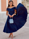 Stunning Off The Shoulder Midi Wedding Guest Dress - Elegant A-line Cocktail Party Dress with Swing Hem - Chic, Sophisticated, and Timeless Style for Women