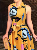 Chic Abstract Print Sleeveless Dress - Flattering Button Front & Tie-waist Detail - Stylish Lapel Collar - Ideal for Spring & Summer - Trendy Womens Clothing