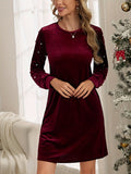 Elegant Velvet Dress with Pearl Accents - Lantern Sleeves, Crew Neck, Machine Washable - Perfect for Fall/Winter