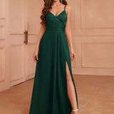 Zjkrl  -  Elegant V-Neck Sleeveless Maxi Dress with Side Slit - Sexy One-Shoulder Design for Weddings & Parties, Polyester, Machine Washable