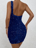 Glittering Sequined One Shoulder Bodycon Dress - Flattering Slim Fit for Nightlife & Parties - Fashionable Womens Mini Dress