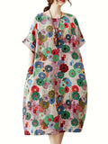 Zjkrl  -  Stylish Plus Size Floral Print Crew Neck Loose Fit Nightdress with Pockets - Women Plus - Soft, Breathable, Comfortable, Relaxed Fit, Short Sleeve, Casual Lounge Dress for Sleep, Lounging, and Relaxation