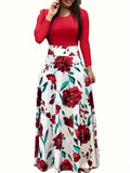 Floral Print Long Sleeve Dress, Elegant Crew Neck Pleated Maxi Dress, Women's Clothing