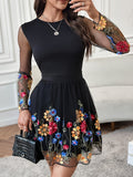 Elegant Semi-Sheer Embroidered Crew Neck Fit and Flare Dress - Micro Elastic Polyester Long Sleeve A-Line Dress for Spring and Fall - Womens Elegant Clothing for Adult