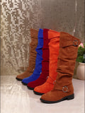 Trendy Solid Color Boots - Knee-High, Buckle Belt, Pull On, Chunky Heel, High Knee, Winter, Round Toe, Slouchy, Comfortable Boots for Women