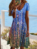 Abstract Print Color Block Dress, Boho V Neck Short Sleeve Dress, Women's Clothing