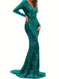 Long Sleeve Sequined Mermaid Fit and Flare Dress - Elegant V-neck, Geometric Pattern, Regular Sleeve, No Elasticity - Perfect for Wedding, Evening, Party, Banquet, Occasion, Engagement, and Ceremony
