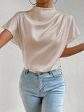 Elegant Solid Pleated Blouse - Chic Mock Neck, Short Sleeves, Back Keyhole Detail, Breathable Fabric, Perfect for Spring & Summer, Women's Fashion Clothing