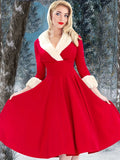 Vintage Inspired Midi Dress - Soft Fuzzy Spandex V Neck Party Dress for Women - Winter Solid Color Knit Fabric Pendulum Style with Micro Elasticity