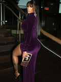 Chic Ruched Split Thigh Dress - High Collar, Long Sleeve, Solid Hue, Elegant Party Wear for Women - Fashionable & Form-Fitting