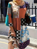 Plus Size Boho Dress, Women's Plus Paisley & Scarf Print Bell Sleeve Round Neck Dress