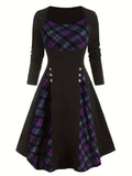 Plus Size Retro Dress, Women's Plus Colorblock Plaid Print Button Decor Long Sleeve Square Neck A-line Dress