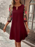 Zjkrl  -  Three-quarter Illusion Sleeve Floral Dress, Casual Keyhole Crew Neck Loose Dress, Women's Clothing