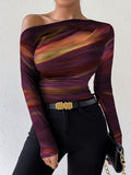 Stylish Women's One-Shoulder Neck Tie Dye Long Sleeve Slim Fit Knit Top, Polyester and Spandex Blend for All-Season Wear