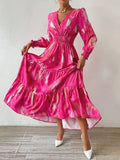Four-Season Wear Polyester Midi Elegant Dress with V-Neck, Leaf Hem, Floral Print, and Random Pattern
