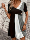 Zjkrl  -  Vibrant Color Block V-Neck Chic Dress - Women's Casual Short Sleeve Loose Fit Dresses for Everyday Wear - Comfortable, Breathable, and Stylish Clothing for Ladies