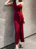 Stunning Asymmetric Backless Dress - Solid Chain Detail, Sleeveless, Split Thigh, Elegant Party Dress for Women - Perfect for Formal Occasions, Night Out, Clubbing, and Special Events
