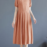 Zjkrl  -  Vibrant Color Crew Neck Chic Dress - Women's A-line Dresses with Short Sleeves, Cinched Waist, Minimalist Design for Spring & Summer, Elegant Casual Wear for Ladies