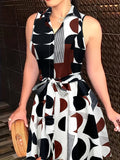 Chic Abstract Print Sleeveless Dress - Flattering Button Front & Tie-waist Detail - Stylish Lapel Collar - Ideal for Spring & Summer - Trendy Womens Clothing