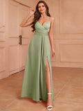 Zjkrl  -  Elegant V-Neck Sleeveless Maxi Dress with Side Slit - Sexy One-Shoulder Design for Weddings & Parties, Polyester, Machine Washable