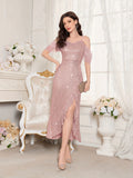 Elegant Off-Shoulder Sequin Dress with Ruffle Hem and Asymmetrical Split - Polyester, V-Neck, Mid-Length for Women