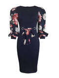 Elegant Floral Bodycon Dress with Lantern Sleeves & Crew Neck - Chic Spring & Fall Fashion for Women