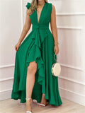 Sleeveless Deep V Neck Fit and Flare Maxi Dress - Elegant Solid Color Polyester Asymmetrical High Waist Dress for Women - Perfect for Summer Middle East Style Elegant Dressing