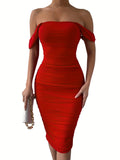Elegant Off-The-Shoulder Ruched Bodycon Dress - High-Elasticity, Skin-Tight, Solid-Colored, Knit Fabric, Hand-Washable, Perfect for Party, Banquet, and Vacation - Womens All-Season Clothing