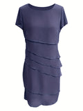 Layered Trim Crew Neck Dress, Elegant Short Sleeve Dress For Spring & Summer, Women's Clothing