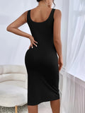 Vibrant Solid Color Ribbed Bodycon Midi Dress - Sleeveless, Square Neck, Split Design, Stretchy, Comfortable, Party Perfect - Women's Clothing for Night Out, Clubbing, and Special Occasions