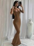 Elegant Solid Color Spaghetti Strap Maxi Mermaid Dress - Soft Micro Elastic Polyester Fabric, Scoop Neck, Bodycon Silhouette, Machine Washable - Comfortable Womens Loungewear for All Seasons