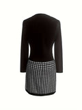 Zjkrl  -  Chic Houndstooth V Neck Dress - Casual Long Sleeve Slim Fit - Perfect for Everyday Style - Womens Fashion Clothing