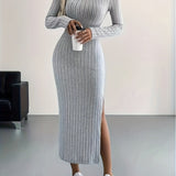 Zjkrl  -  Long Sleeve Bodycon Ribbed Knit Dress - Sexy Crew Neck Split Thigh Slim Fit with Mid Elasticity - Machine Washable Polyester Fabric for Fall/Winter Season