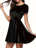 Elegant Velvet Dress - Fitted Solid Waist, Ruffled Hem, Short Sleeves, Classic Crew Neck - Exuding Sophistication, Designed for Womens Clothing