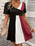 Zjkrl  -  Vibrant Color Block V-Neck Chic Dress - Women's Casual Short Sleeve Loose Fit Dresses for Everyday Wear - Comfortable, Breathable, and Stylish Clothing for Ladies