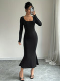 Bodycon Square Neck Mermaid Hem Dress, Elegant Long Sleeve Dress For Spring & Fall, Women's Clothing