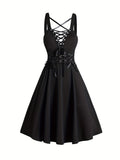 For Spring & Summer, Sleeveless Corset Flared Dress with Crisscross Strap, Punk Women's Clothing
