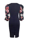 Elegant Floral Bodycon Dress with Lantern Sleeves & Crew Neck - Chic Spring & Fall Fashion for Women