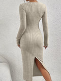 Elegant Long Sleeve Crew Neck Dress - Versatile Ribbed Knit with Split Hem, Perfect for Women in Fall & Winter