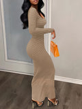 Zjkrl  -  Squared Neck Solid Maxi Dress, Casual Long Sleeve Bodycon Dress, Women's Clothing