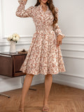 Floral Print C Neck Dress, Elegant Long Sleeve Shirred Waist Dress, Women's Clothing