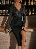 Vibrant Sparkling Bodycon Dress - Women's Elegant Long Sleeve V Neck Party Dress for Banquet and Special Occasions - Shining Split Hem, Splicing Design, Flattering Fit, and Chic Style